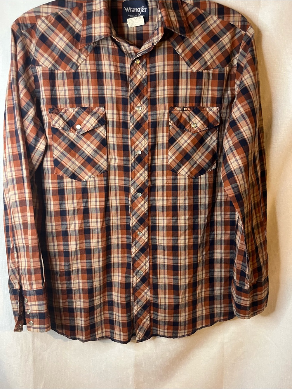 Wrangler Plaid Button-Down Shirt in Navy, Brown & Cream